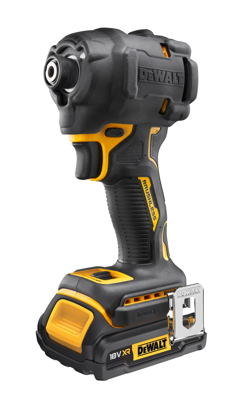 Visseuse à choc DEWALT 18V XR sans fil, noire et jaune, avec poignée ergonomique et clip métallique.