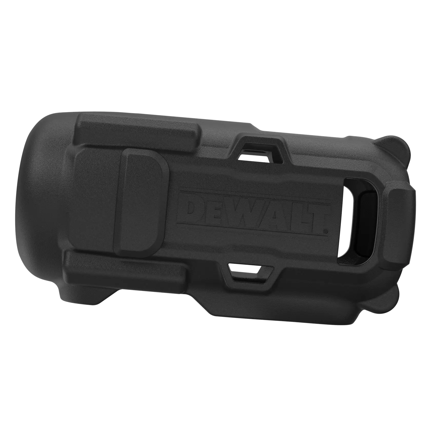 Vue en gros plan d’un accessoire de caméra ou d’un capuchon de protection noir de marque DEWALT, conçu avec un extérieur robuste et une forme cylindrique.