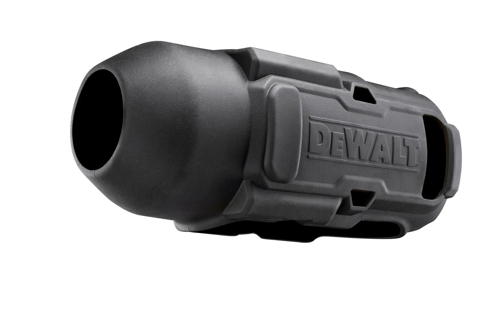 Gros plan sur un capot de protection en plastique noir de marque DEWALT, conçu pour des accessoires ou équipements de photographie.